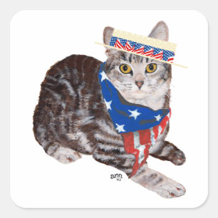 Sticker Carré Chat tabby American Shorthair patriotique