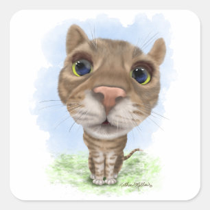 Sticker Carré Chat Tabby Dessin Animé Drôle