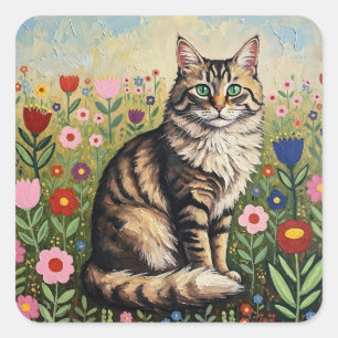 Sticker Carré Chat tabby gris duveteux et fleurs d'art populaire
