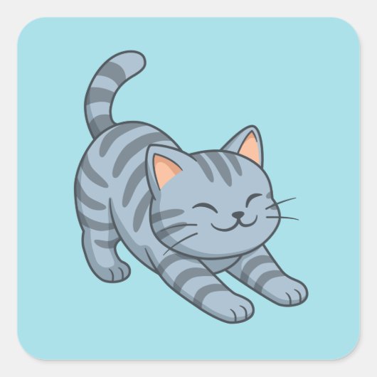 Sticker Carré Chat tabby gris étiré bleu (Devant)