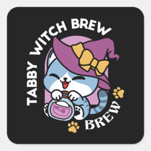 Sticker Carré Chat Tabby Halloween – Chapeau de Sorcière & Art d