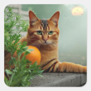 Sticker Carré Chat Tabby Orange