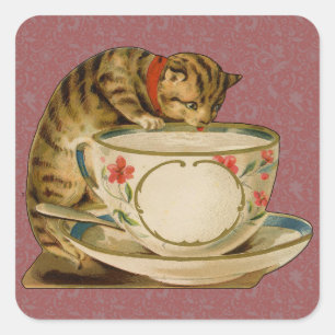 Sticker Carré Chat Tasse à Thé Mignon Vintage Victorien Animal C