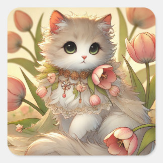 Sticker Carré Chat Tulipe au printemps