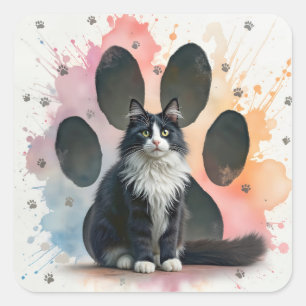 Sticker Carré Chat Tuxedo avec un fond d'empreinte de patte