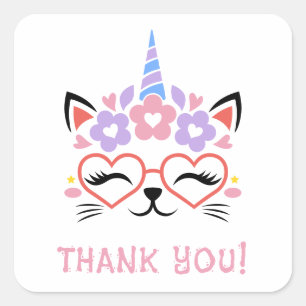 Sticker Carré Chat Unicorn Merci rose violet bleu mou amusant