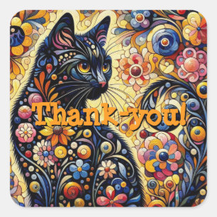 Sticker Carré Chat Whimsical Noir Abstrait peinture florale Art
