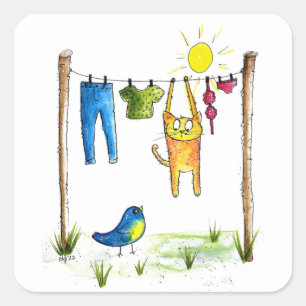 Sticker Carré Chat Whimsical sur une ligne de linge