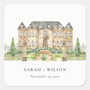Sticker Carré Chateau Chateau Manor Watercolor Mariage