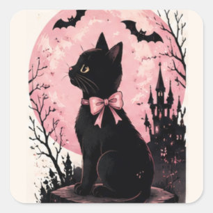 Sticker Carré Château de la pleine lune rose Chat noir