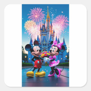 Sticker Carré Château Magique Mickey et Minnie Mouse Papier de F