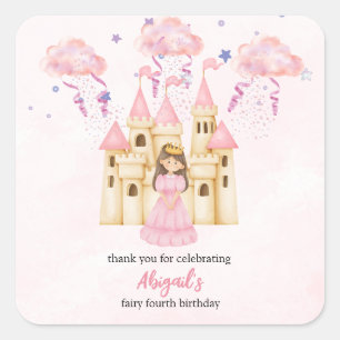 Sticker Carré Château Rose Conte de Fées Princesse Anniversaire