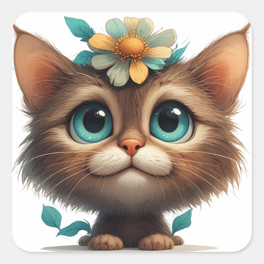 Sticker Carré Chaton Adorable Avec Fleurs💖 (Devant)