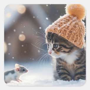 Sticker Carré Chaton adorable et souris dans la neige ensemble