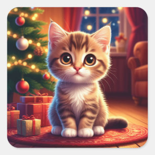Sticker Carré Chaton assis à côté d'un sapin de Noël lumineux