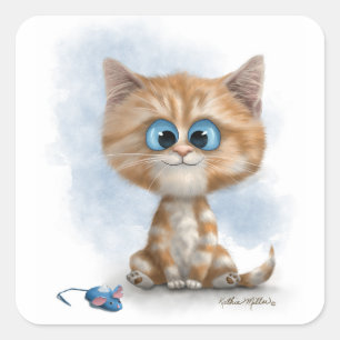 Sticker Carré Chaton au gingembre avec dessin animé de souris