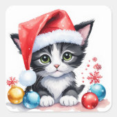Sticker Carré Chaton Blanc Noir À Santa Hat Joyeux Noël (Devant)