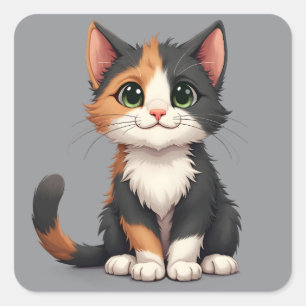 Sticker Carré Chaton Calico Fantaisiste avec une Attitude de Cha