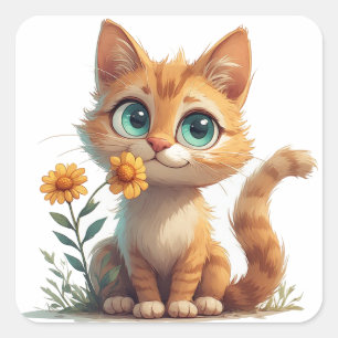 Sticker Carré Chaton de dessin animé avec jardin de fleurs 🐾
