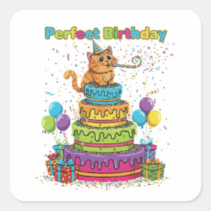 Sticker Carré Chaton de dessin animé mignon d'anniversaire parfa