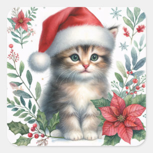 Sticker Carré Chaton de Noël avec chapeau de Père Noël