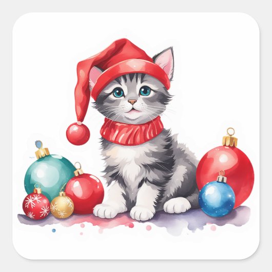 Sticker Carré 🎨 Chaton de Noël Jouer avec des ornements de Noël (Devant)
