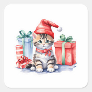 Sticker Carré 🎄 chaton de Noël mignon avec bâtonnet de cadeaux