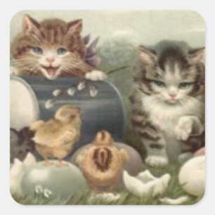 Sticker Carré Chaton de Pâques oeuf coloré