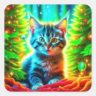 Sticker Carré Chaton gris mignon avec arbres de Noël