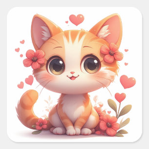 Sticker Carré Chaton Mignon Avec des Cœurs Et des Fleurs Chat He