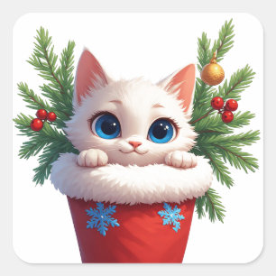 Sticker Carré ❄️ Chaton mignon Chaussette de Noël Coup d'oeil 🐾