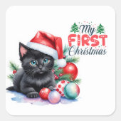 Sticker Carré Chaton Noir À Santa Hat Joyeux Noël (Devant)