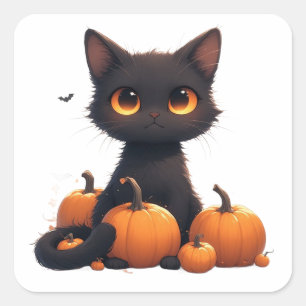 Sticker Carré Chaton Noir Avec Citrouille De Récolte