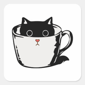 Sticker Carré Chaton noir avec nez rouge caché dans une tasse
