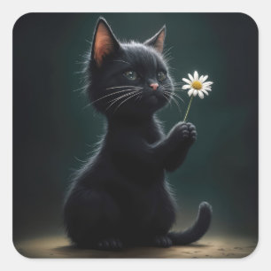 Sticker Carré Chaton noir avec une marguerite blanche