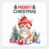 Sticker Carré Chaton Orange À Santa Hat Joyeux Noël (Devant)