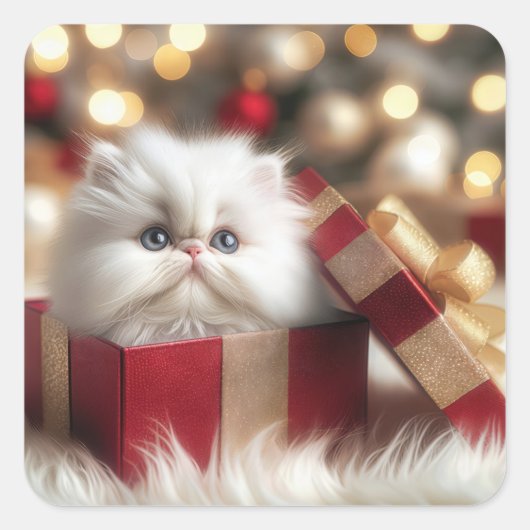 Sticker Carré Chaton persan de Noël dans une boîte cadeau (Devant)
