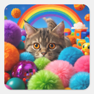 Sticker Carré Chaton tabby adorable Kit de jeu arc-en-ciel