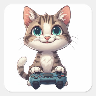 Sticker Carré Chaton tenant une manette de jeu et souriant - Cha