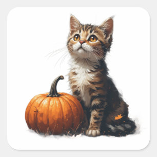 Sticker Carré Chaton Tigré Dans Une Scène Halloween De Champ De
