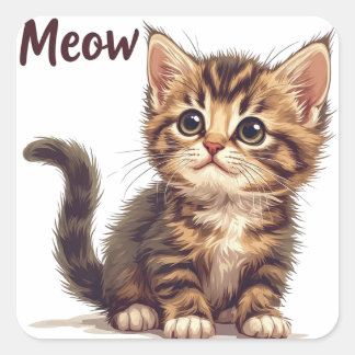 Sticker Carré Chaton Tigré joueur avec citation Meow Amoureux de