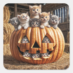 Sticker Carré Chatons Dans Citrouille d'Halloween