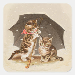 Sticker Carré Chatons vintage sous parapluie art de chat antique