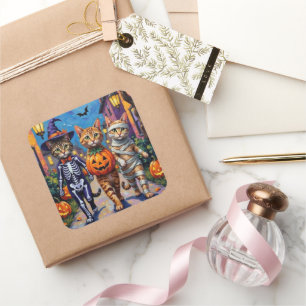 Sticker Carré Chats abyssins faisant Trick-or-Treating en costum
