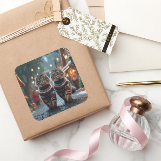 Sticker Carré Chats Angora Turcs Noël Neige Fêtes (Cadeaux)