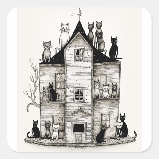 Sticker Carré Chats dans une maison (Devant)
