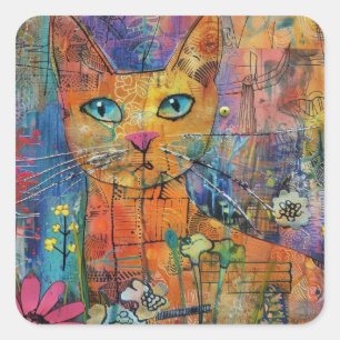Sticker Carré Chats d'aquarelle Boho - Art de la féline terrestr