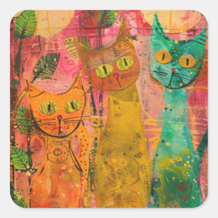 Sticker Carré Chats d'aquarelle de Boho - Art de la féline terre