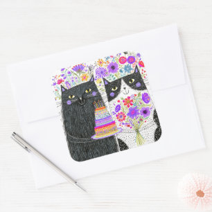 Sticker Carré Chats de bouquet floral d'anniversaire fantaisiste