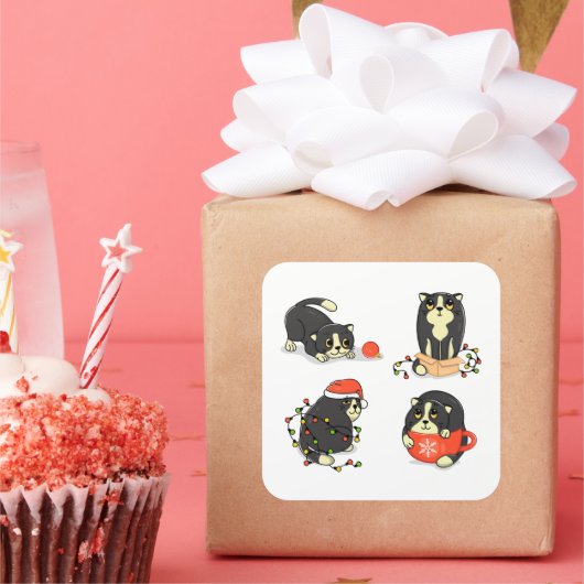 Sticker Carré Chats de Noël mignons et amusants (Fête)